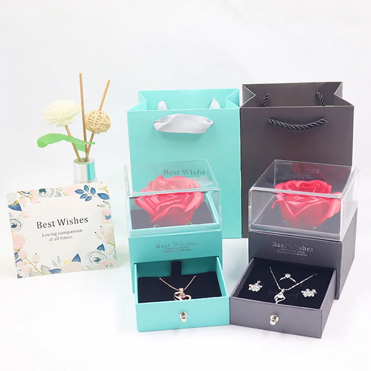 2022 Newest Valentine Gift Box Preserved Flowers Jewelry Box for Women Luxury Artificial Flower Transparents Acrylic Storage Box