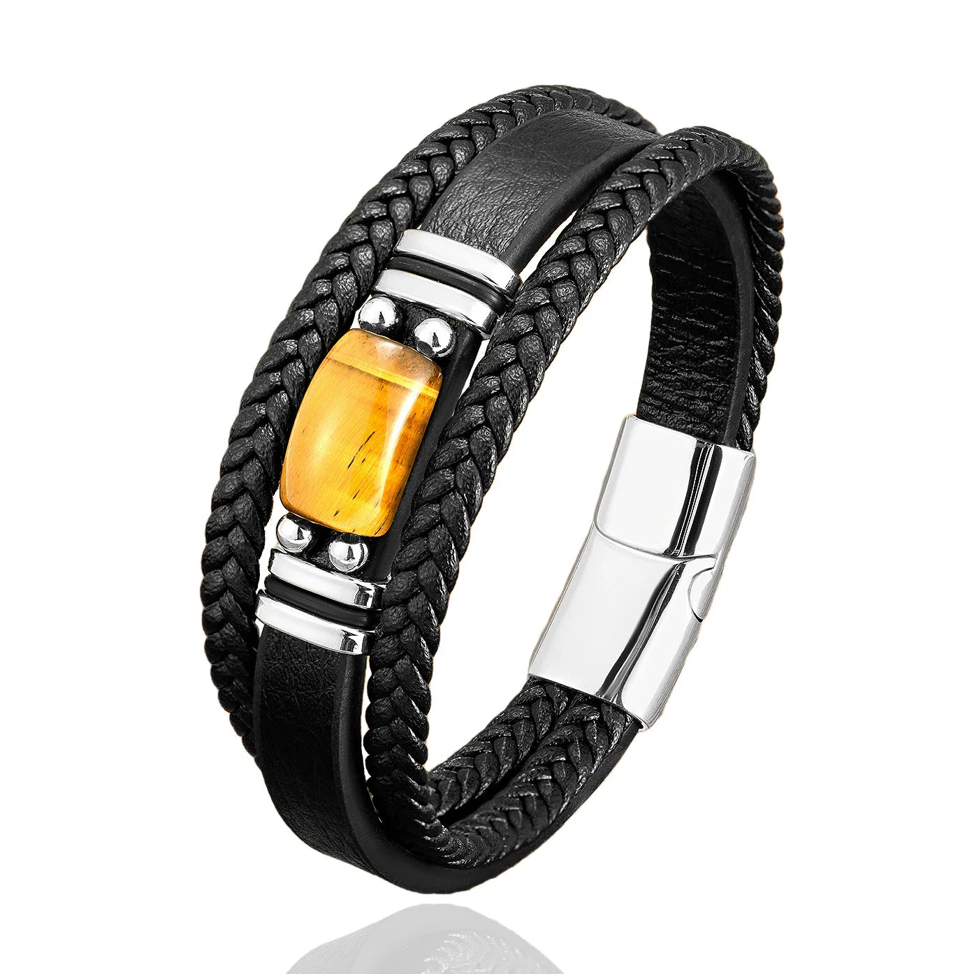 Fashion Jewelry Stainless Steel Tiger Eye Bead Braided Multi Layer Leather Bracelet