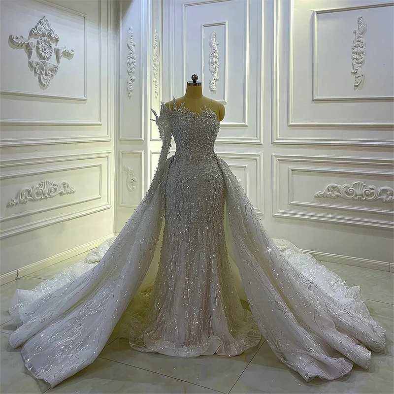 Jancember CJ062 Luxury One Shoulder Sequins Mermaid Wedding Dress With Detachable Train