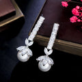 Bright White Square Cubic Zirconia Stone Silver Plated Luxury Wedding Flower Pearl Long Dangle Drop Earrings for Women Gift