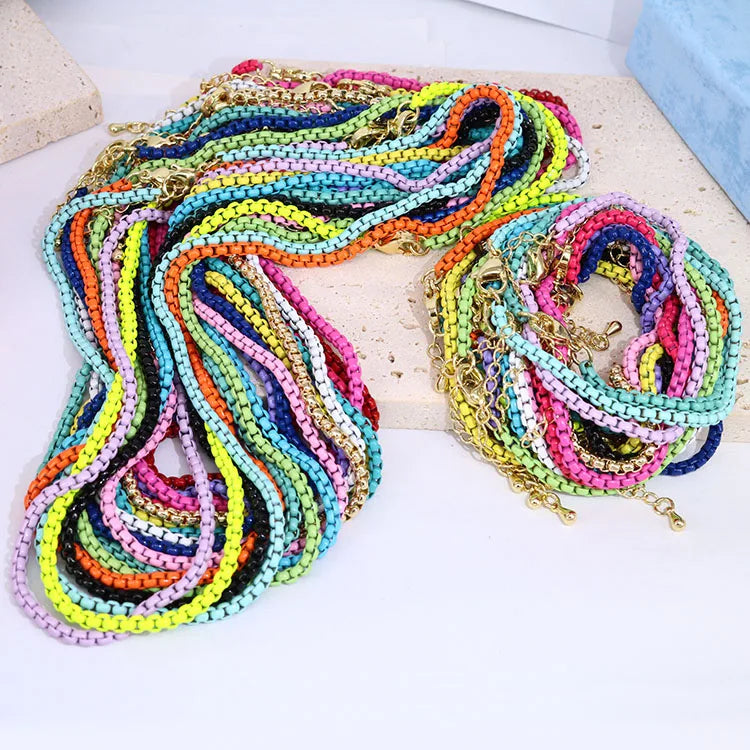 S11125 Unisex 18k Gold Plated Enamel Colorful Box Chain Necklace and Bracelet Jewelry Sets for Women Ladies