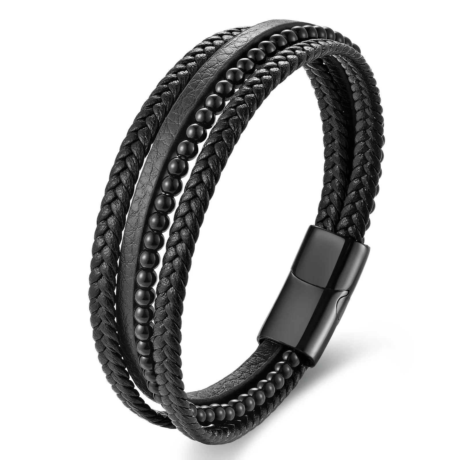 Wholesale Simple Stainless Steel Personalized Charm Genuine Leather Braided Black Bracelets for Men Gift