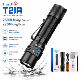 TrustFire T21R 2600LM Tactical Flashlight USB-C Rechargeable IP68 Waterproof 228M Beam 21700 Torch for Camping Hunting