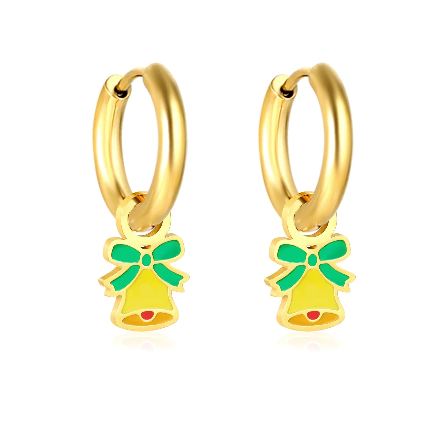 Christmas Earrings Gifts Custom Hypoallergenic Stainless Steel Gold Plated Earrings Cute Enamel Bell Dangle Huggie Hoop Earrings