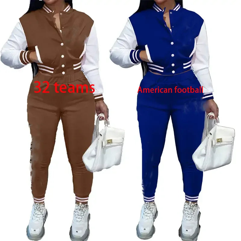 Women's Plus Size Casual Sport Set-American Football Baseball Uniforms Sweatsuit Jacket Pants Two Piece Women's Sport Botton