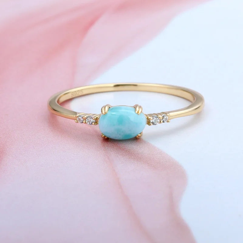 Gemstone Rings Natural Larimar Ring for Women 925 Sterling Silver K Gold Plated Sea Pattern Blue Stone Fine Jewelry