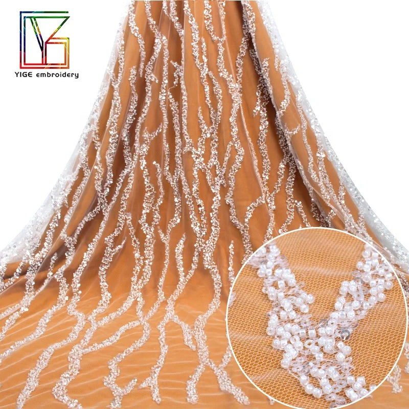 2022Luxury French White Stripe Lace Embroidery High Density Beaded Sequins African Wedding Bridal Dress Fabric