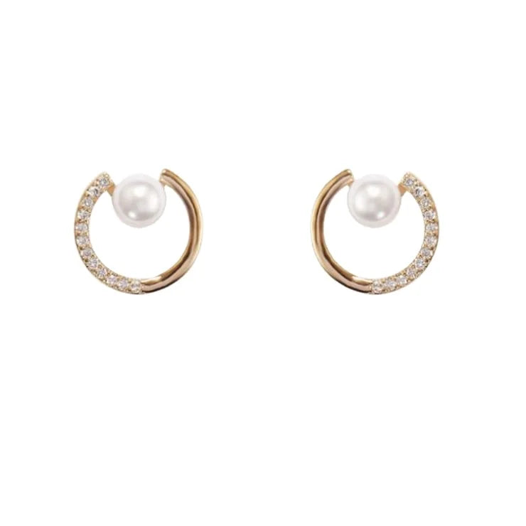New Arrival Trendy Gold Silver Round Pearl C-shaped Stud Earrings S925 Sterling Silver Cubic Zircon Pearl Earring