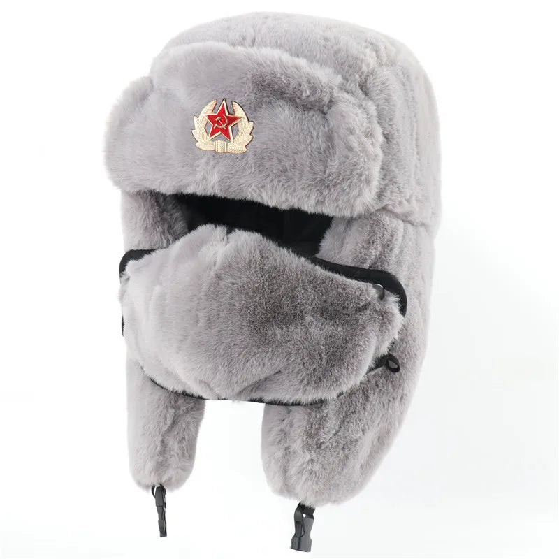 Russian Soviet Winter Hat for Men Artificial Rabbit Fur Ushanka with Red Star Earflap Hat for Cold Weather and Sports