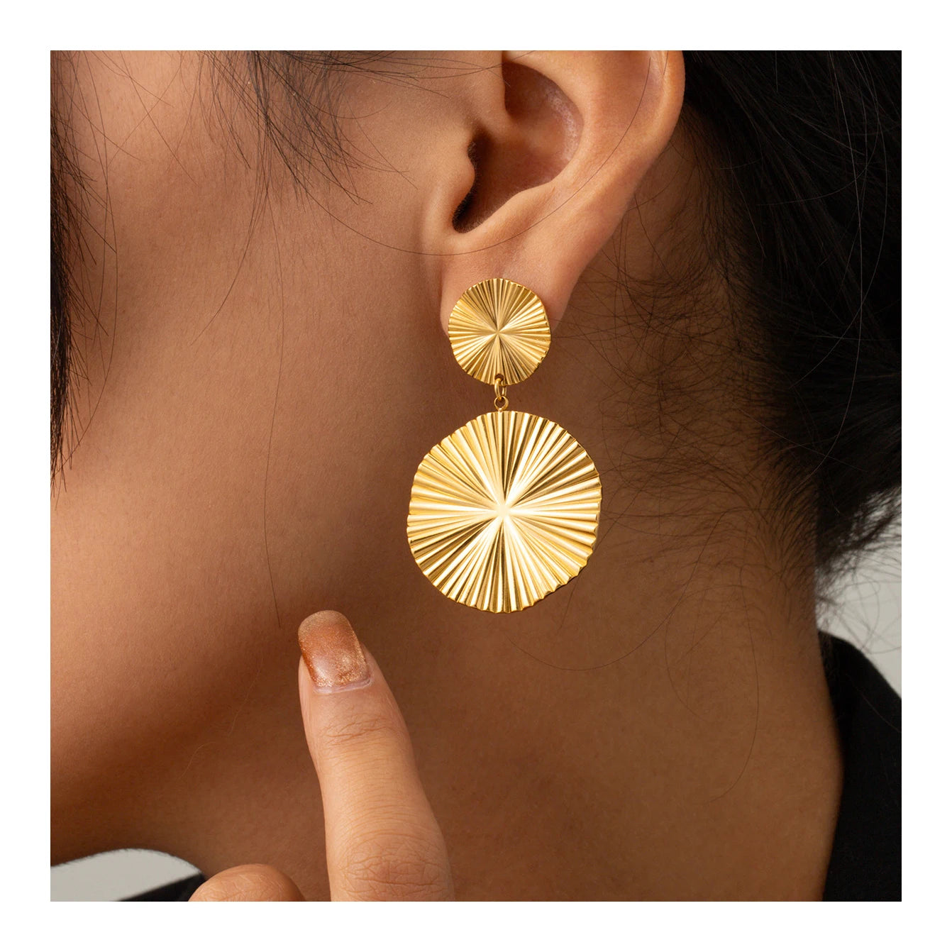 ERESI Waterproof Jewelry Geometric Stainless Steel 18K Gold Plated Exaggerated Sunburst Double Circle Drop Earring