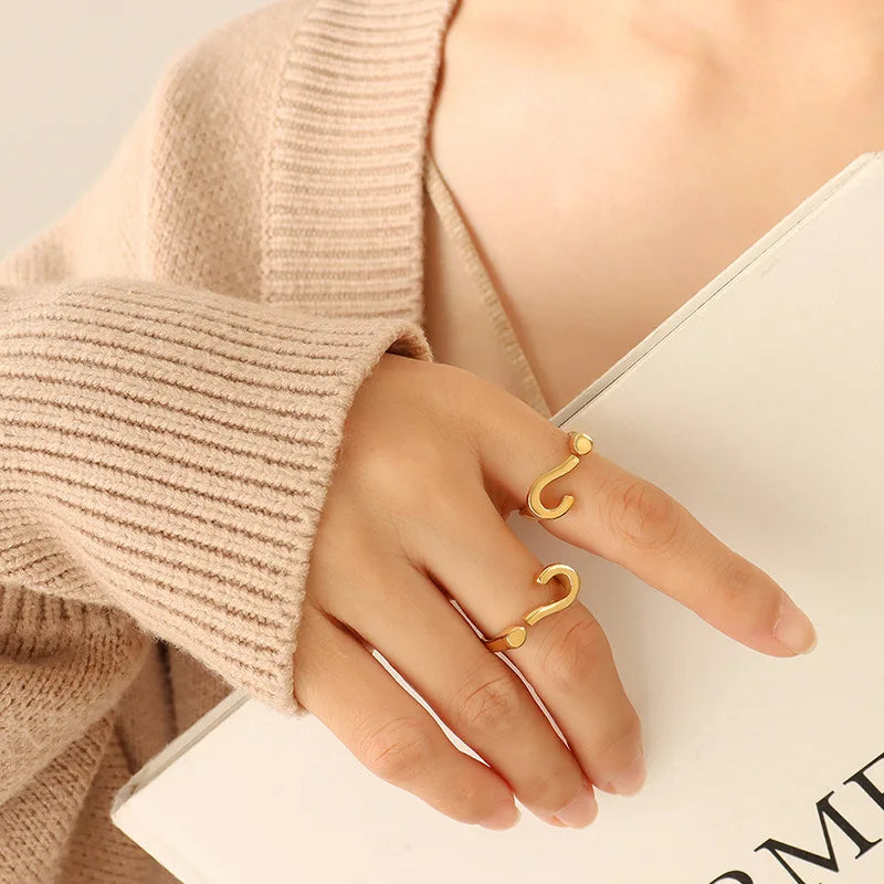 Novel Ins Stainless Steel 18K Gold Plated Special Shape Question Mark Opening Adjustable Ring Titanium Steel Jewelry for Women
