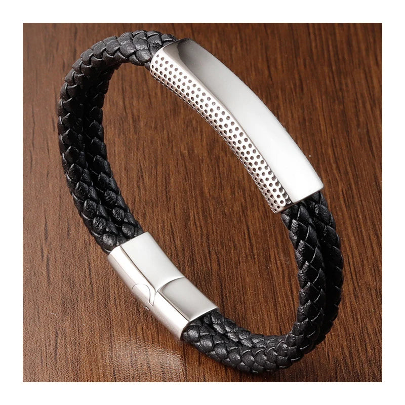 Luxury Custom logo Gift Stainless Steel Plain Plate Leather Bracelets Cow Cuff Cattlehide Leather Bracelet for Men Jewelry