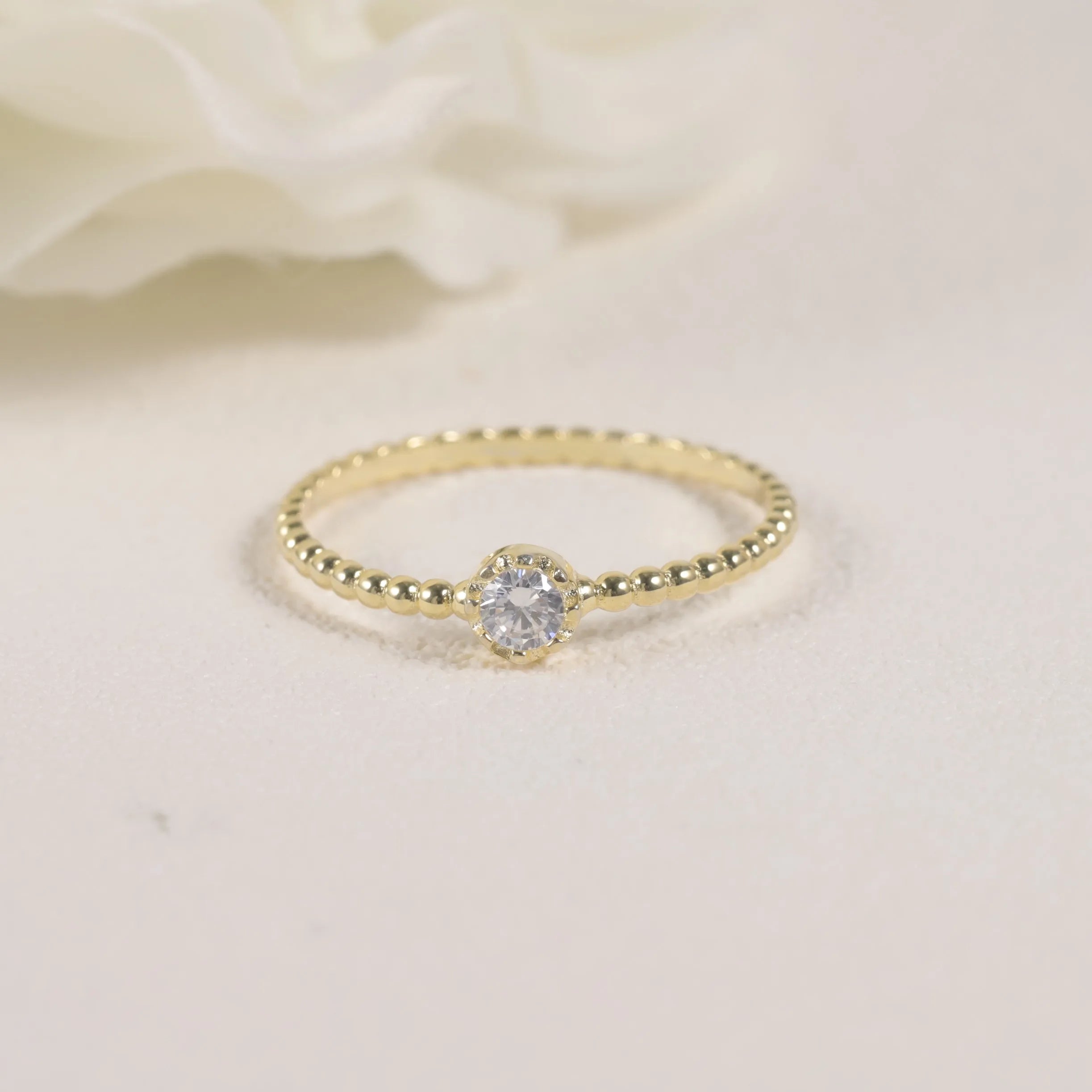 14K Solid Gold Bead Stacking Ring Round Moissanite Lab Grown Diamond Engagement Minimalist Solitaire Beaded Ring Band