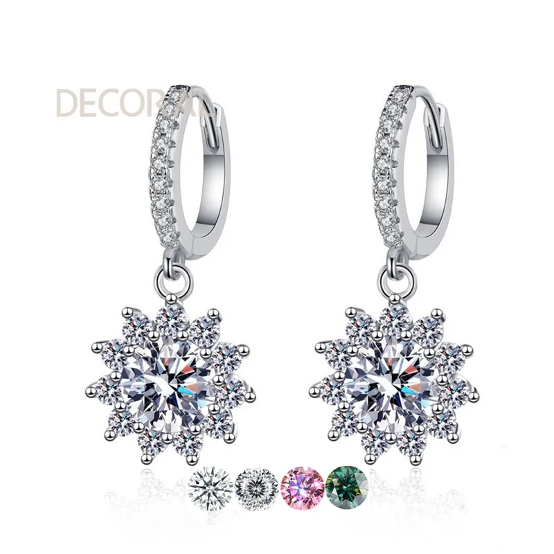 925 Sterling Silver Fine Jewelry Sunflower Sparkling D Color Moissanite 1Carat Diamond Drop Earrings for Women