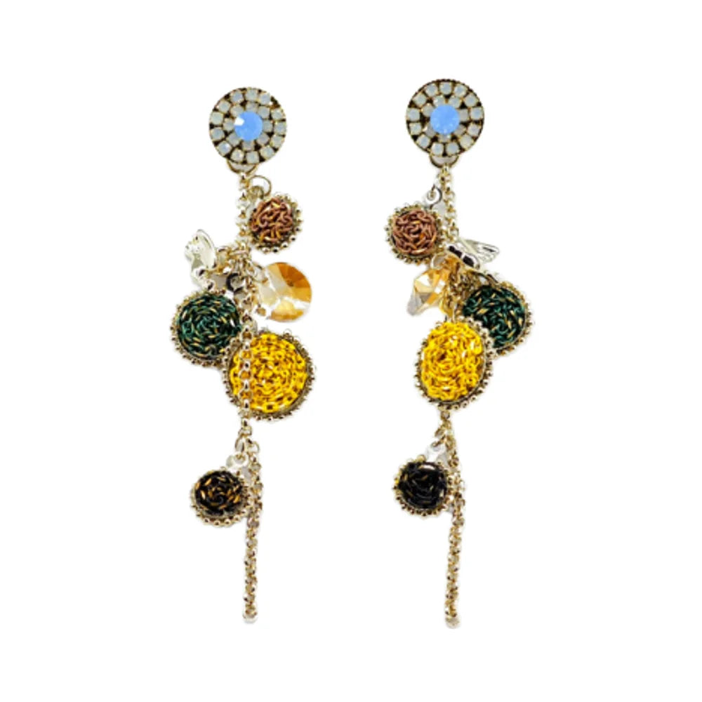 Ilona Silver Plated Copper Multi-Color Thread Ball & Crystal Tassel Earrings Bohemian Handmade Drop Statement Earrings Jewelry