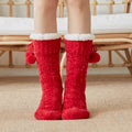 Women Girls Anti-Slip Argyle Pattern Knitted Winter Warm Fleece Lined Stockings Slipper Socks with Pom-poms for Daily Use