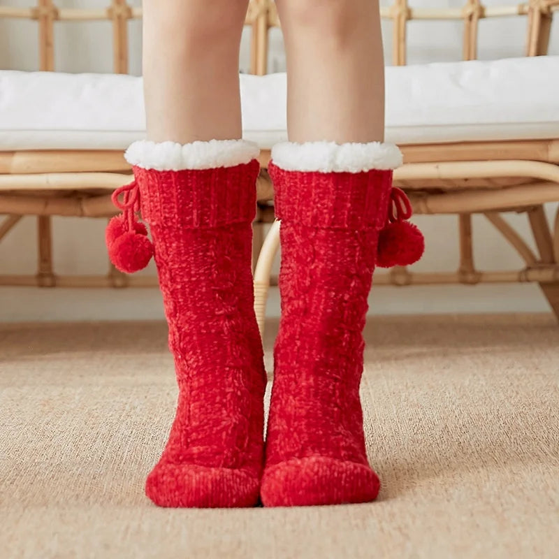 Women Girls Anti-Slip Argyle Pattern Knitted Winter Warm Fleece Lined Stockings Slipper Socks with Pom-poms for Daily Use