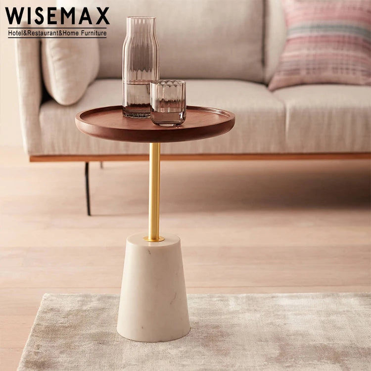 WISEMAX FURNITURE European Style Minimalist Solid Wood Top Living Room Cafe Office Stable Wooden Coffee Table with Marble Base