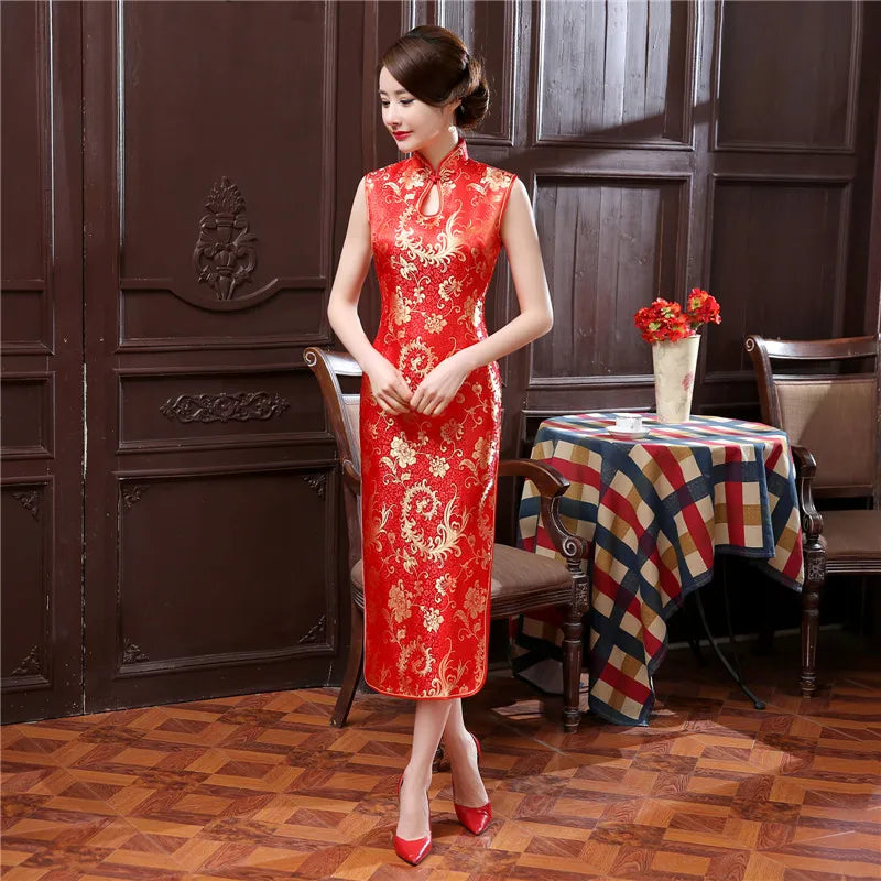 Supply Wholesale Tang Dress Qipao Tail Dripping Long Red J3178