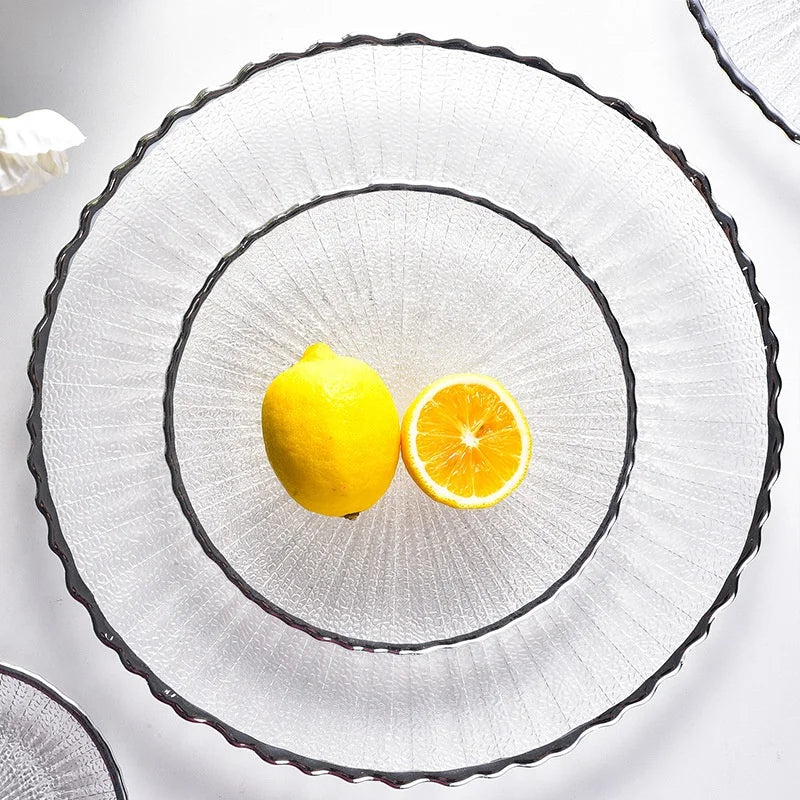 Creative Western Food Fruit Salad Vertical Stripe Gold Rim Silver Rim Glass Plates for Restaurant