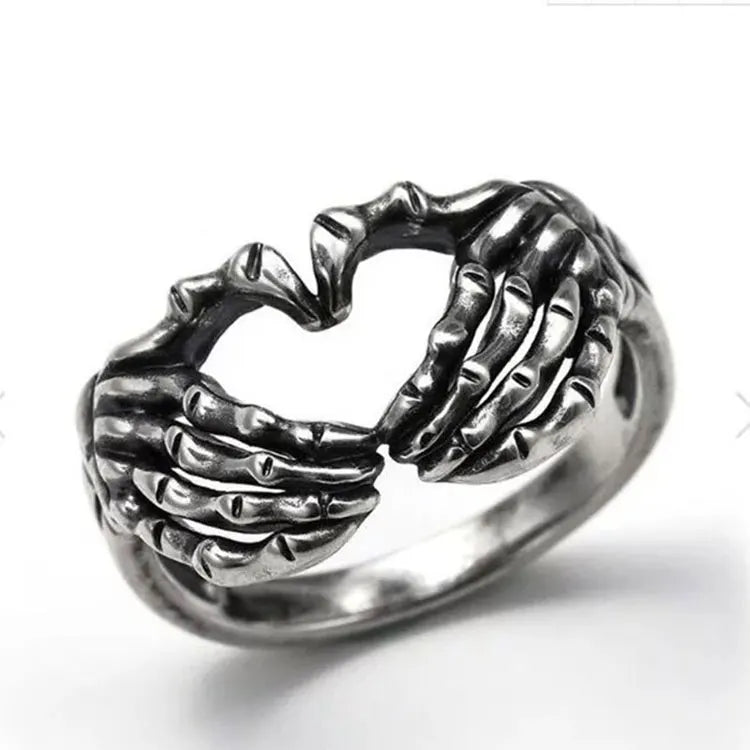 SC Gothic Antique Silver Rings Jewelry Vintage Ghost Hand Heart Rings Women Creative Heart Shaped Skeleton Hand Rings for Men