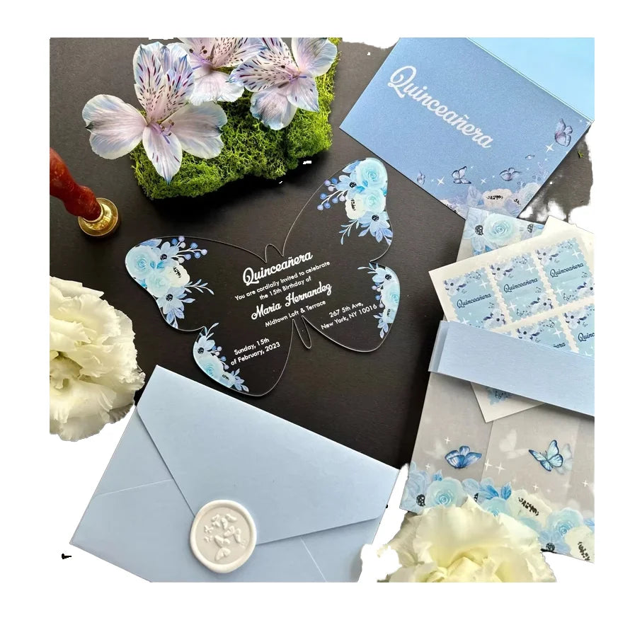 Custom Elegant Sky Blue Die Cut Sticker Floral Clear Butterfly Acrylic Quinceanera Party Invitation Wedding Invitation