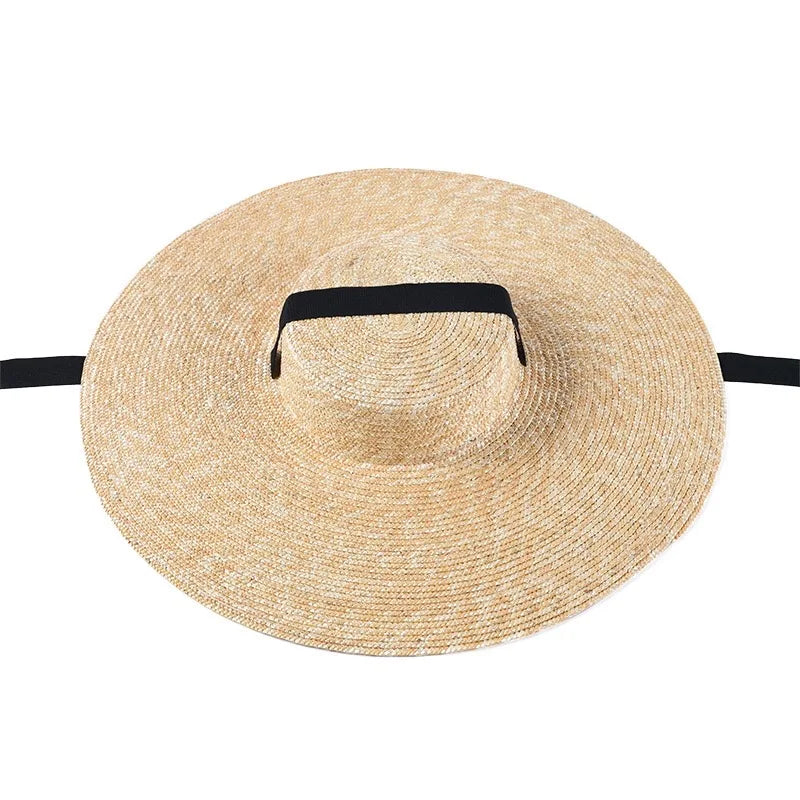 Vintage French Style Women's Natural Straw Boater Hat Chin Tie Ribbon Short Crown for Summer Travel Fishing Outdoor Adventures