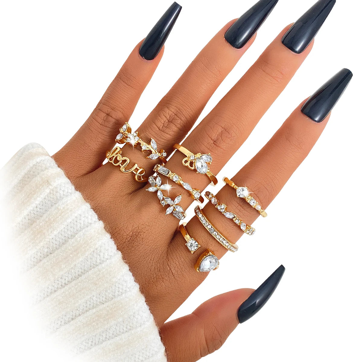 9Pcs/Set Water Drop Design Zircon Ring Letter Ring Set for Women Jewelry