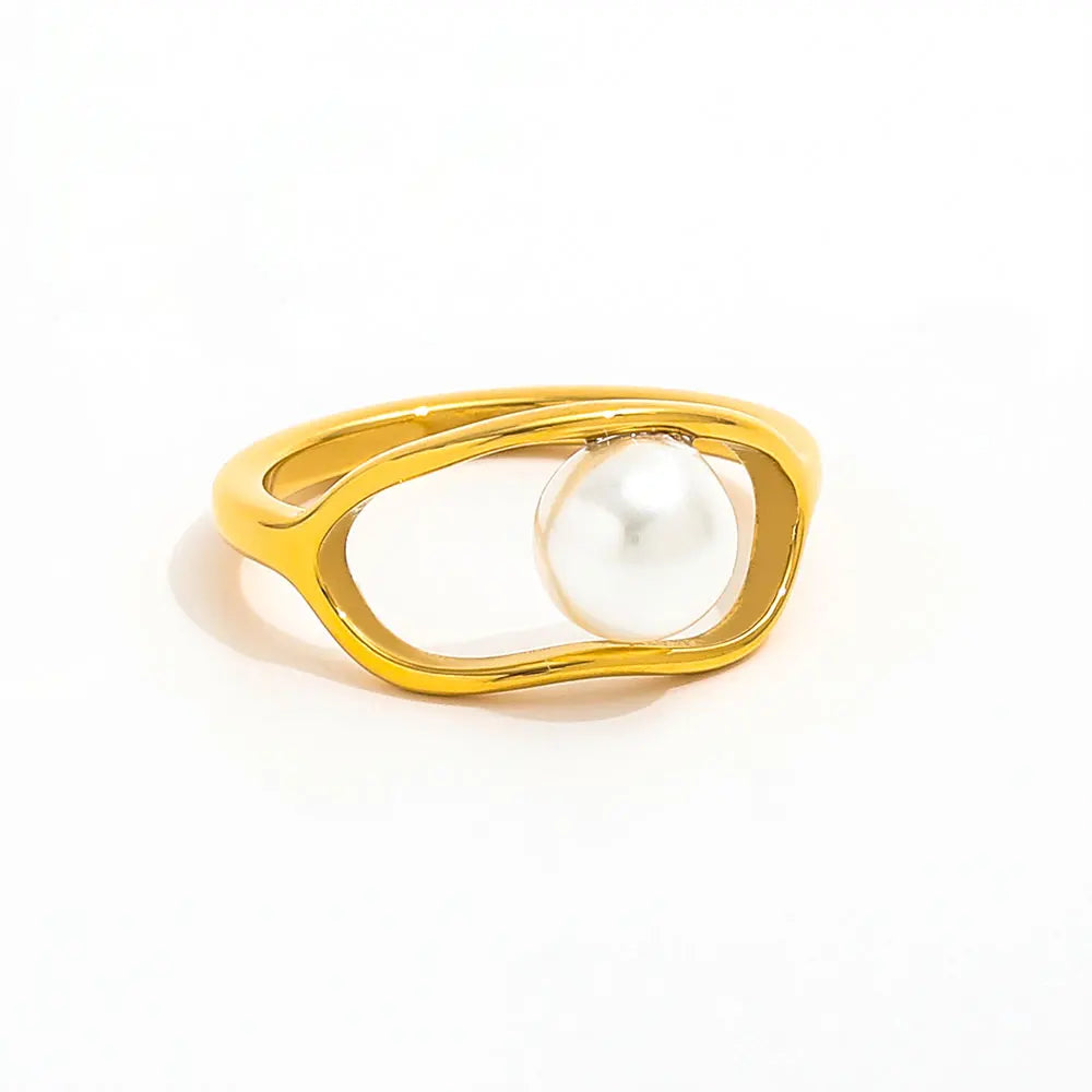 High End Trendy Stainless Steel Fine 18K Gold Plated Single Imitation Pearl Stylish Double-layer Ring for Gifts
