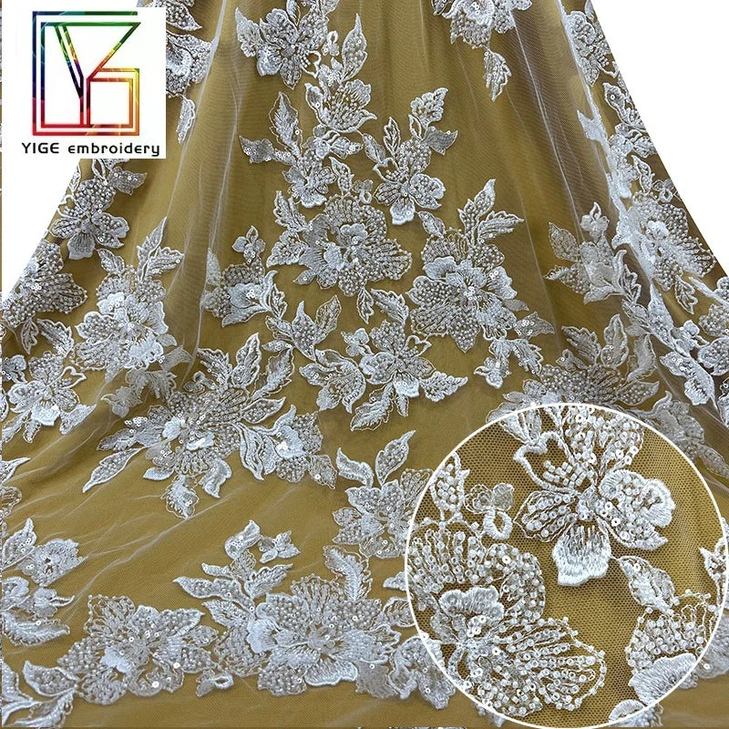 French Bridal Lace Luxury Tulle Materials Dress Embroidery Polyester Mesh Wedding Fabric 3D Beaded Sequin Lace Fabric