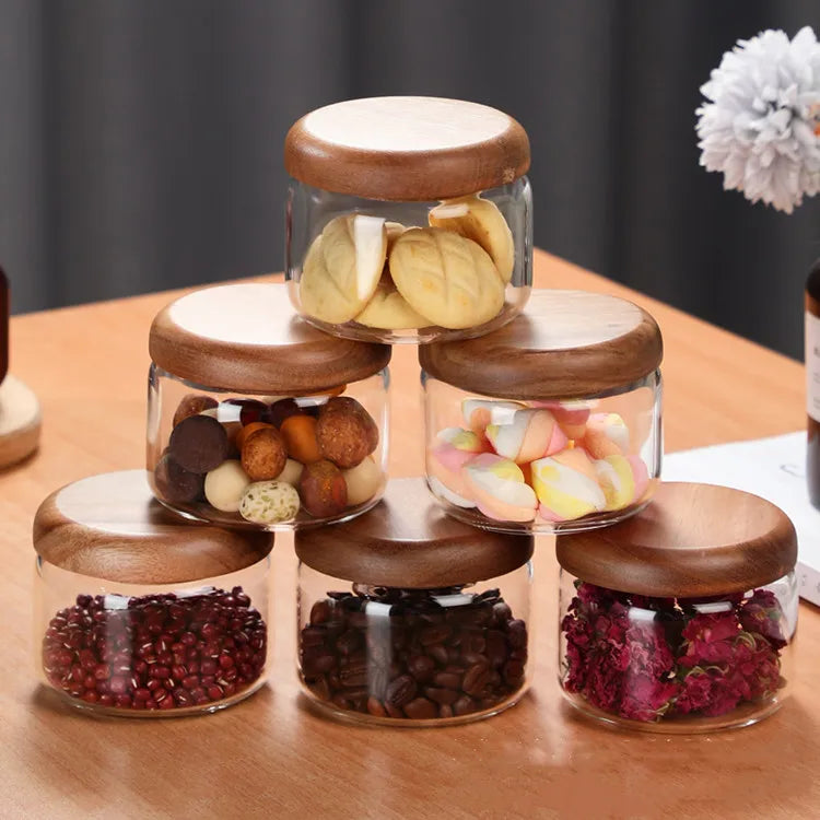 Kitchen Food Storage & Container 10oz Glass Spice Jars with Wood Lids Handmade Multifunction Transparent