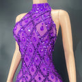 Luxury Sexy Purple Rhinestones Velvet Sleeveless Dress Evening Birthday Party Celebrate Stretch Outfit Nightclub DJ Dance Wear