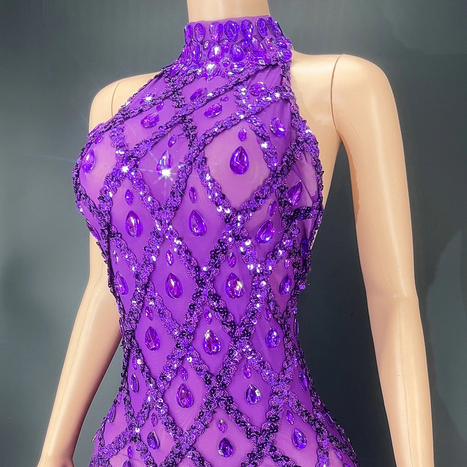 Luxury Sexy Purple Rhinestones Velvet Sleeveless Dress Evening Birthday Party Celebrate Stretch Outfit Nightclub DJ Dance Wear