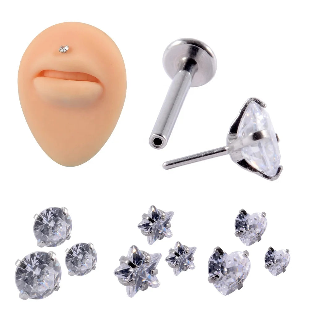 Steel Crystal Labret Lip Rings Heart Star CZ Insertion Rod Orelha Cartilage Ear Helix Piercings Jewelry Fashion Piercing Jewelry