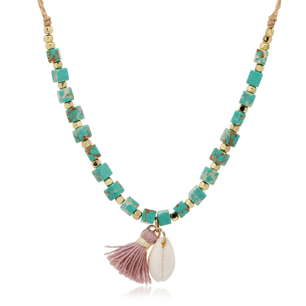 New Design Bohemian Seashell & Cotton Tassel Necklace for Women Natural Energy Cube Quartz Beads with Copper on Charms Necklaces