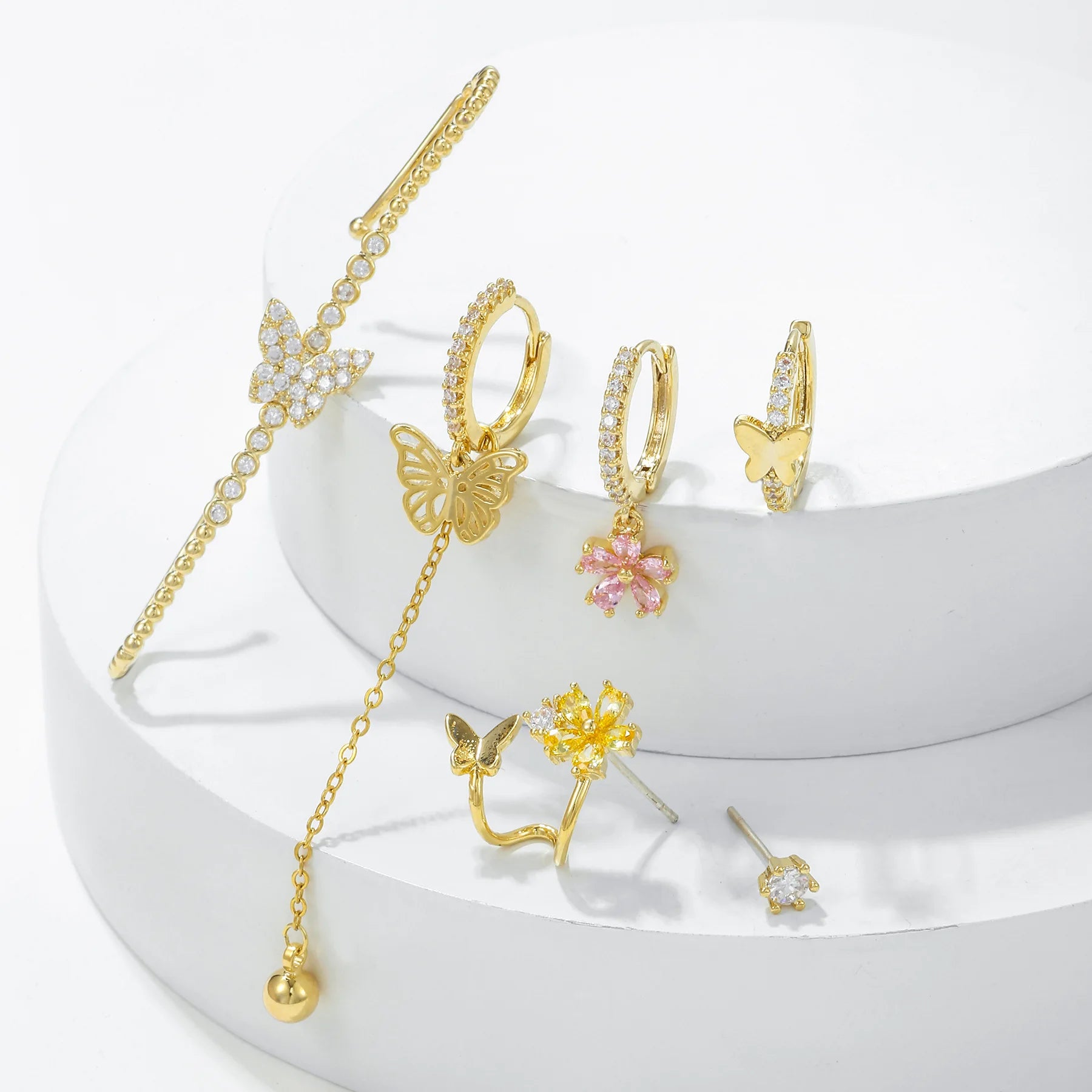 6Pcs Trendy Colorful Gemstone Butterfly Earrings S925 Silver Lightweight Elegant Style Jewelry Set