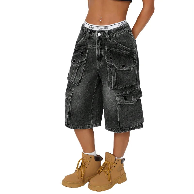 Dark Gray Women's Straight Leg Denim Jeans Mid-Rise Loose Fit Woven Fifth Pants for Casual Boyfriend Style Washable