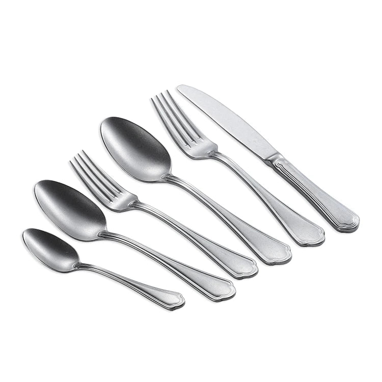 Vintage Style 18/10 Stainless Steel Cutlery Stonewashed Rustic Silver Flatware Knife Fork Spoon Set Metal Eating Utensils