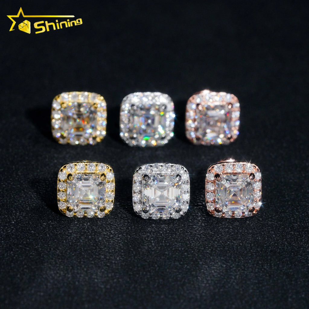 Diamond Tester Certified RTS Hip Hop Jewelry 925 Silver Asscher Cut VVS Diamond Moissanite Stud Earrings