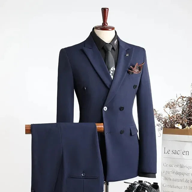Navy Suit Set Blazers Jacket Pants Men Casual Business Solid Color Double Breasted Groom Wedding Formal Dress Suit Mens Suit