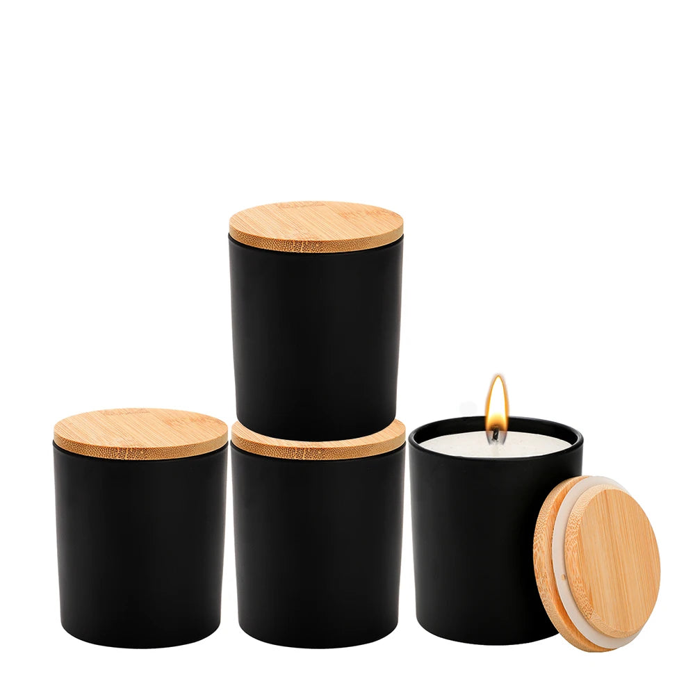 Luxury Frosted Matte Black Glass Candle Jars with Metal/Gold/Silver Bamboo Wood Cork Lids Eco-Friendly Custom Logo 7oz/10oz/14oz