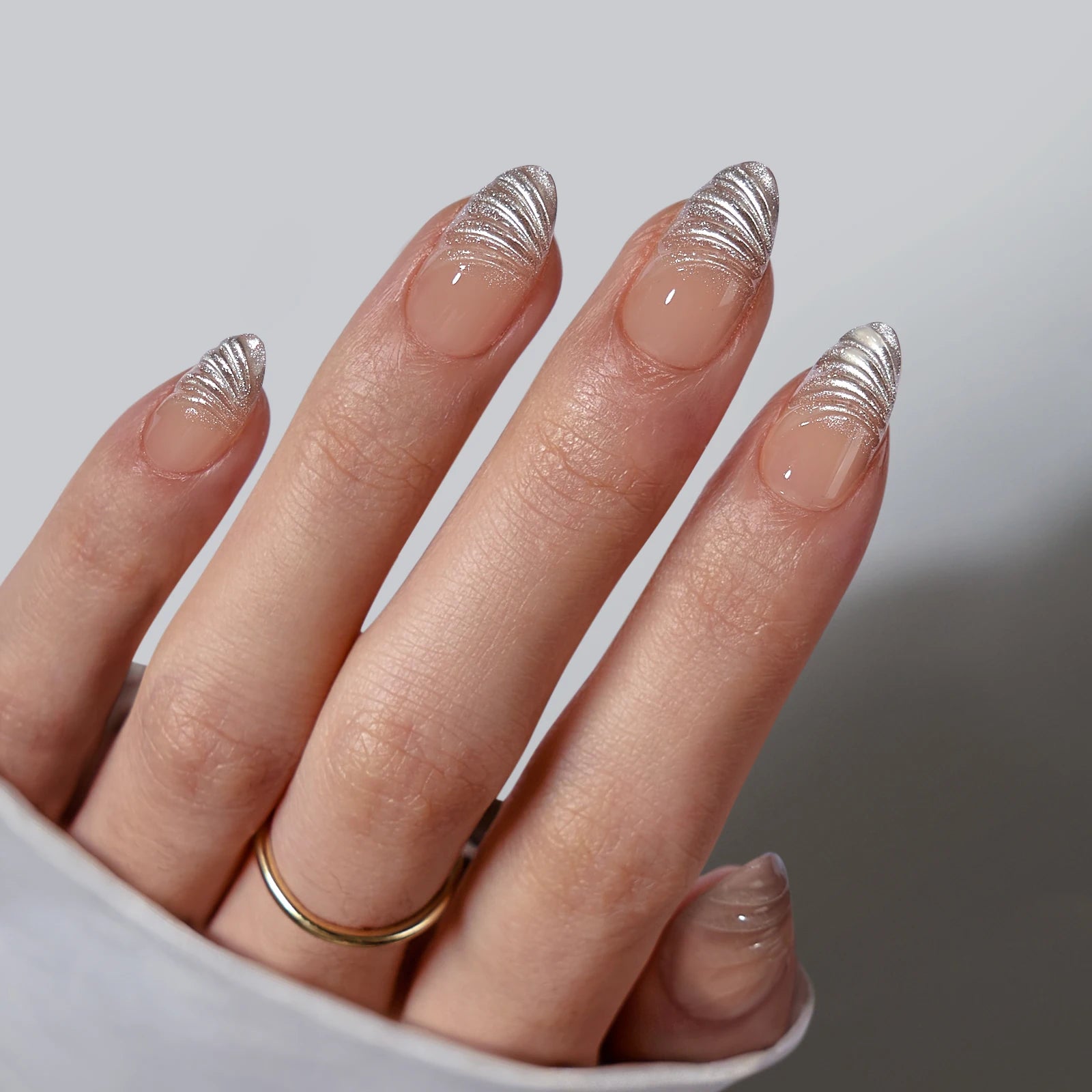 BTArtbox Soft Gel French Artificial Fingernails Wholesale Short Almond 3D Sculpting Sliver Bling French Tip Press on Nails Bulk