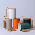 Promotional Art Ceramic Travel Mug Custom logo Porcelain Mug Ceramic Coffee Mug Set with Gift Box Wooden Handle Lid