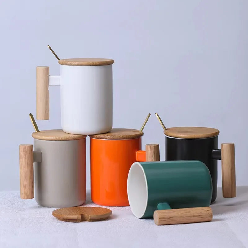 Promotional Art Ceramic Travel Mug Custom logo Porcelain Mug Ceramic Coffee Mug Set with Gift Box Wooden Handle Lid