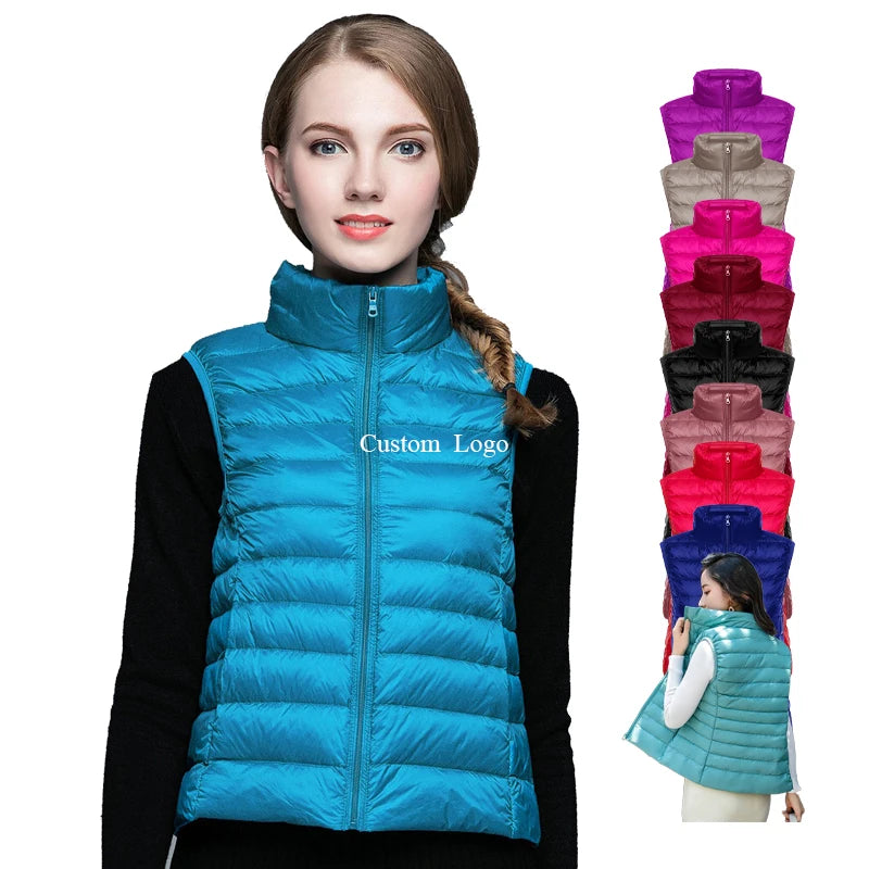 Custom Logo Women's Lightweight Puffer Vest Packable Accent Water-Resistant Winter Waistcoat Short Fabric Gilet Zipper Closure