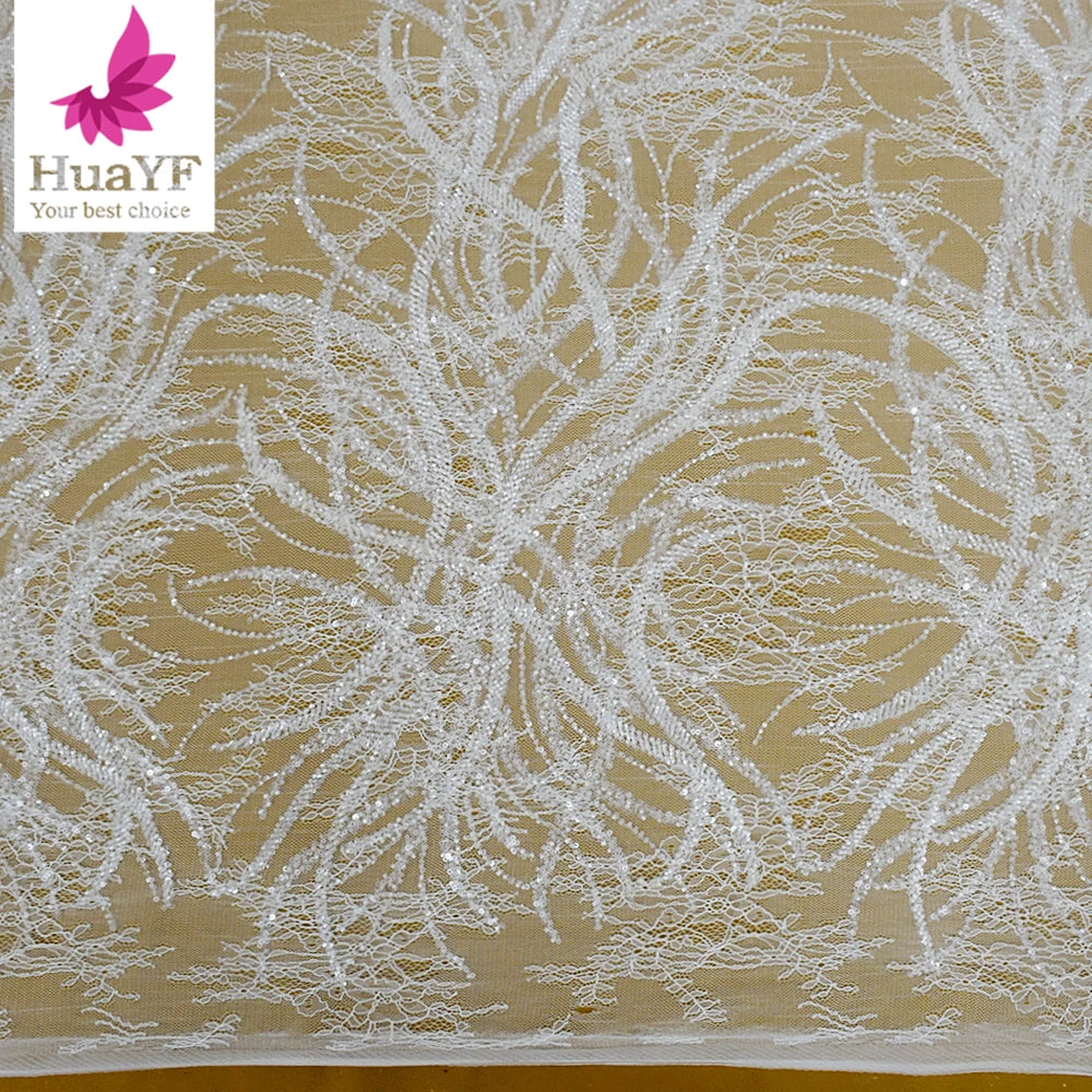 HY2409 White Lace Fabric Embroidered Nigerian French Tulle Eyelash Chantilly Traditional Wedding Fabric