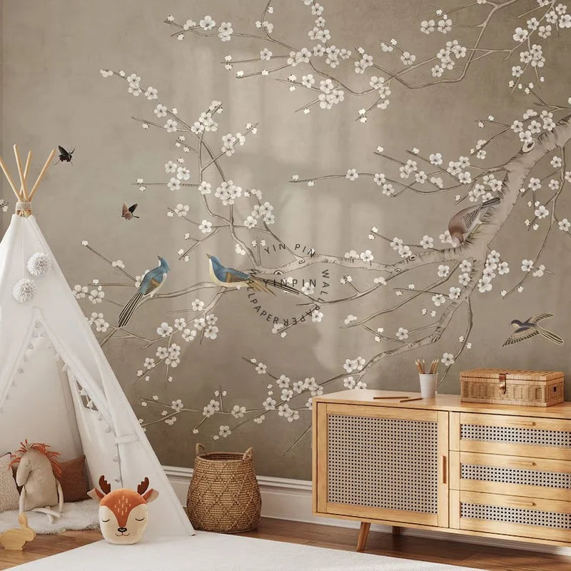 Asian Flowers Chinoiserie Birds Stripes & Plaid Silk Custom Modern Waterproof Anti-Static Living Room Printed Wallpaper