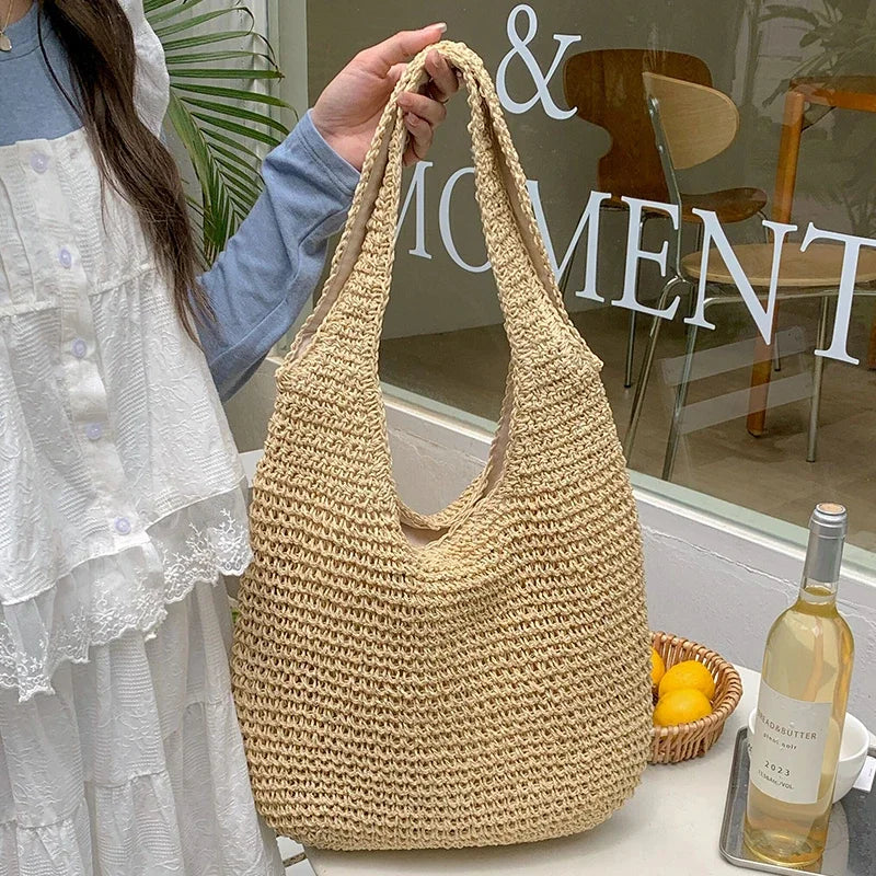 Casual Woven Women's Straw Handbags Summer Large Capacity Ladies Vacation Shoulder Bag Fashion Ladies Beach Tote Bags Purse