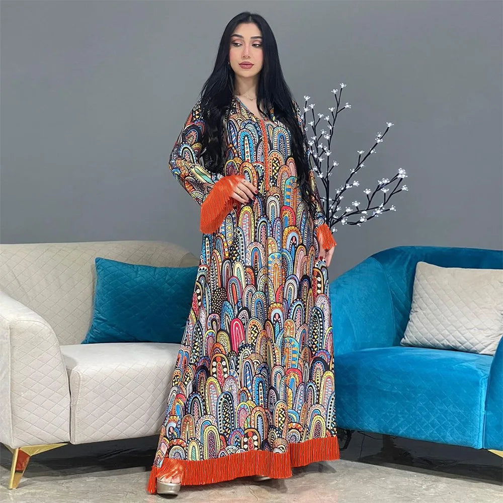 Fashion Womens Casual Elegant Tassels Loose Long Sleeve V-Neck Loose Dress Muslim Women Abaya