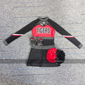 Factory Price Low MOQ Custom Design Red Black Girls Cheerleading Uniform Spandex / Polyester Cheer Outfit Allstar Competition
